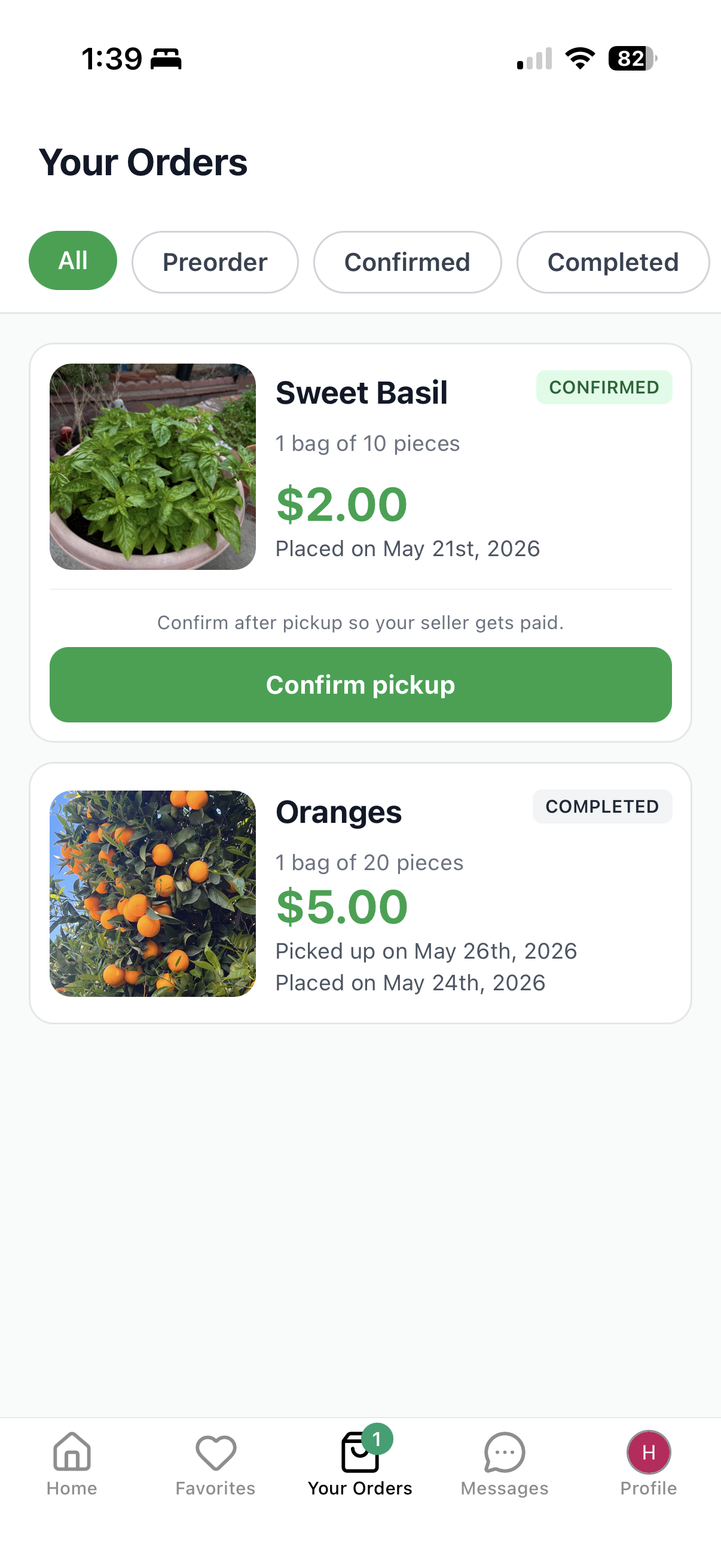 Your Orders tab showing list of orders