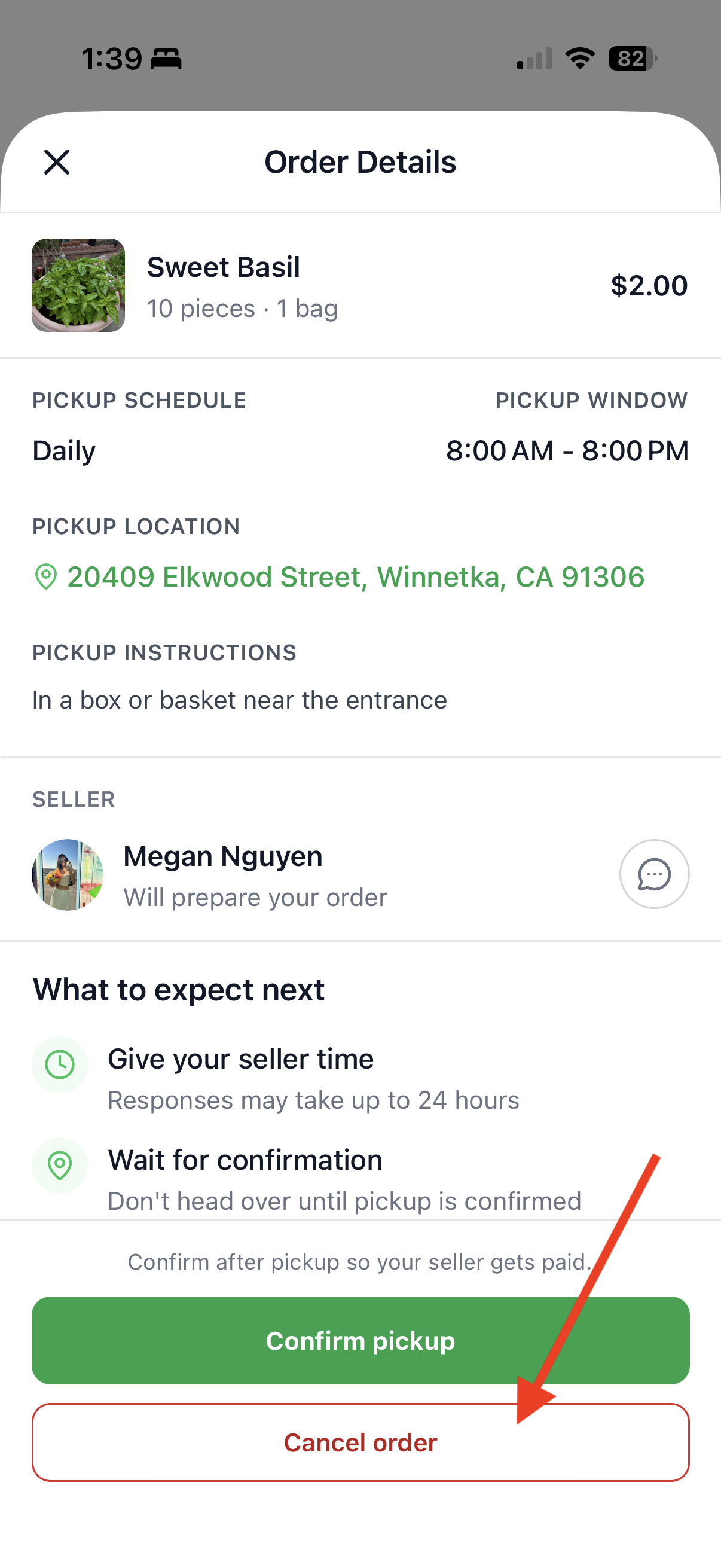 Order Details screen with Cancel order button highlighted