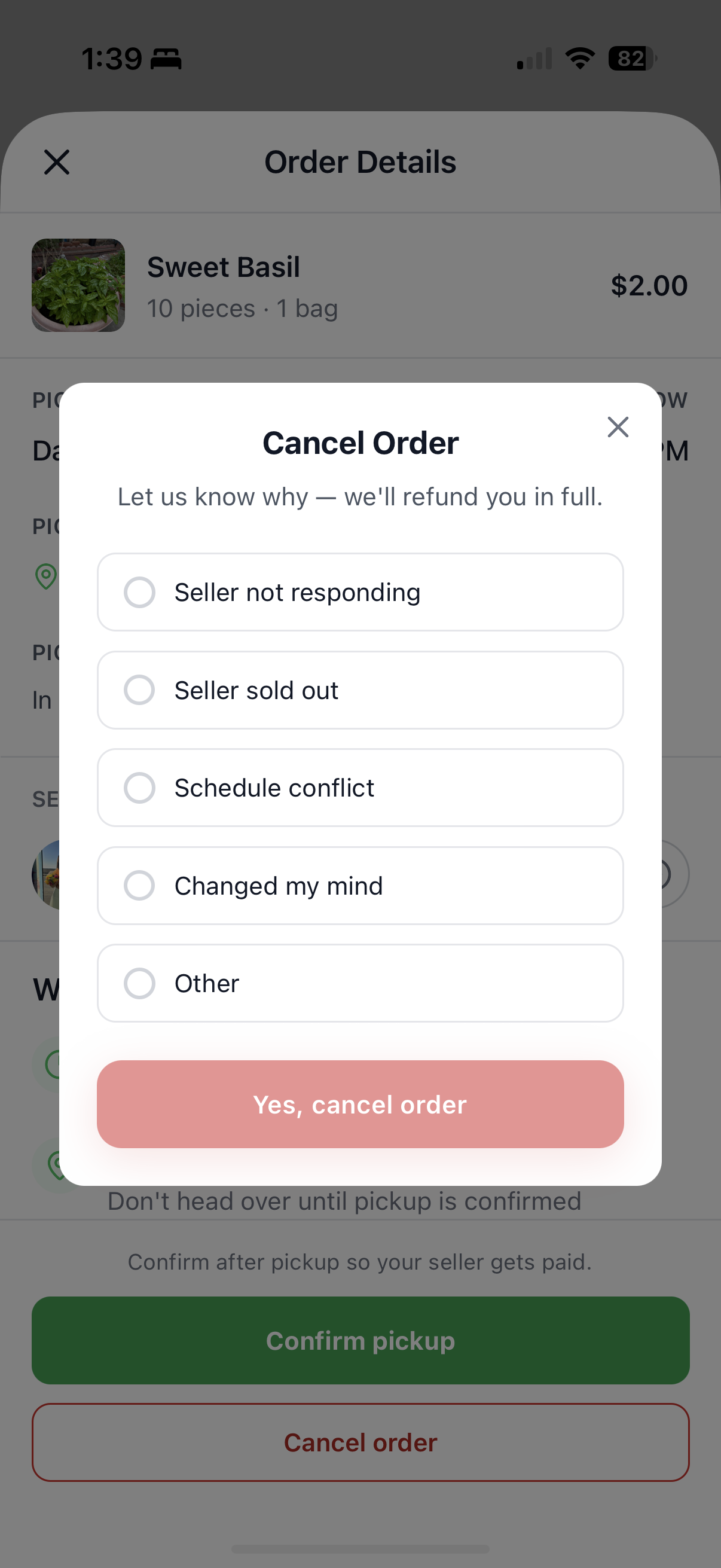 Cancel Order dialog with reason options and Yes, cancel order button