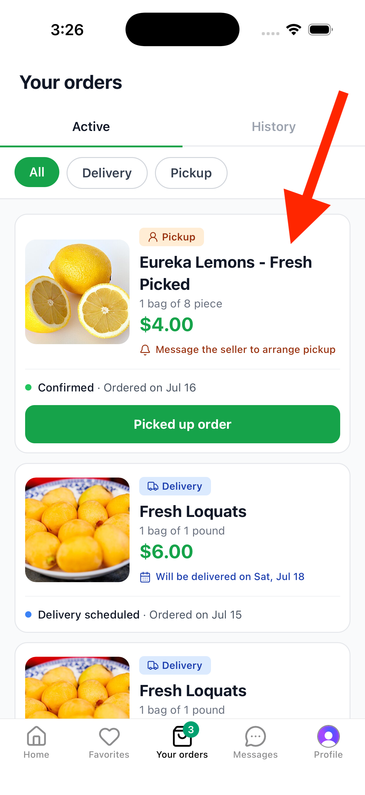 Your orders tab showing active orders