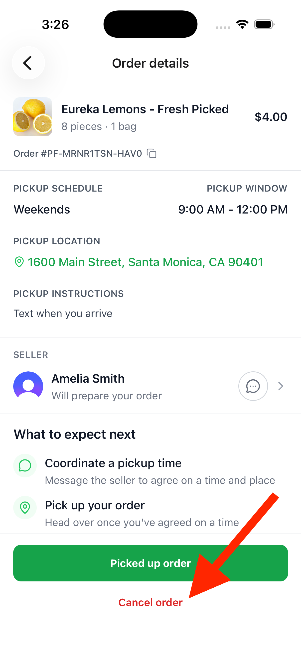 Order details screen with the Cancel order button highlighted