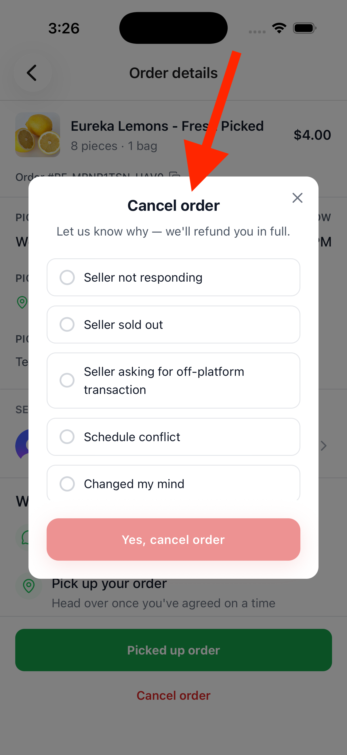 Cancel order dialog with reason options and Yes, cancel order button