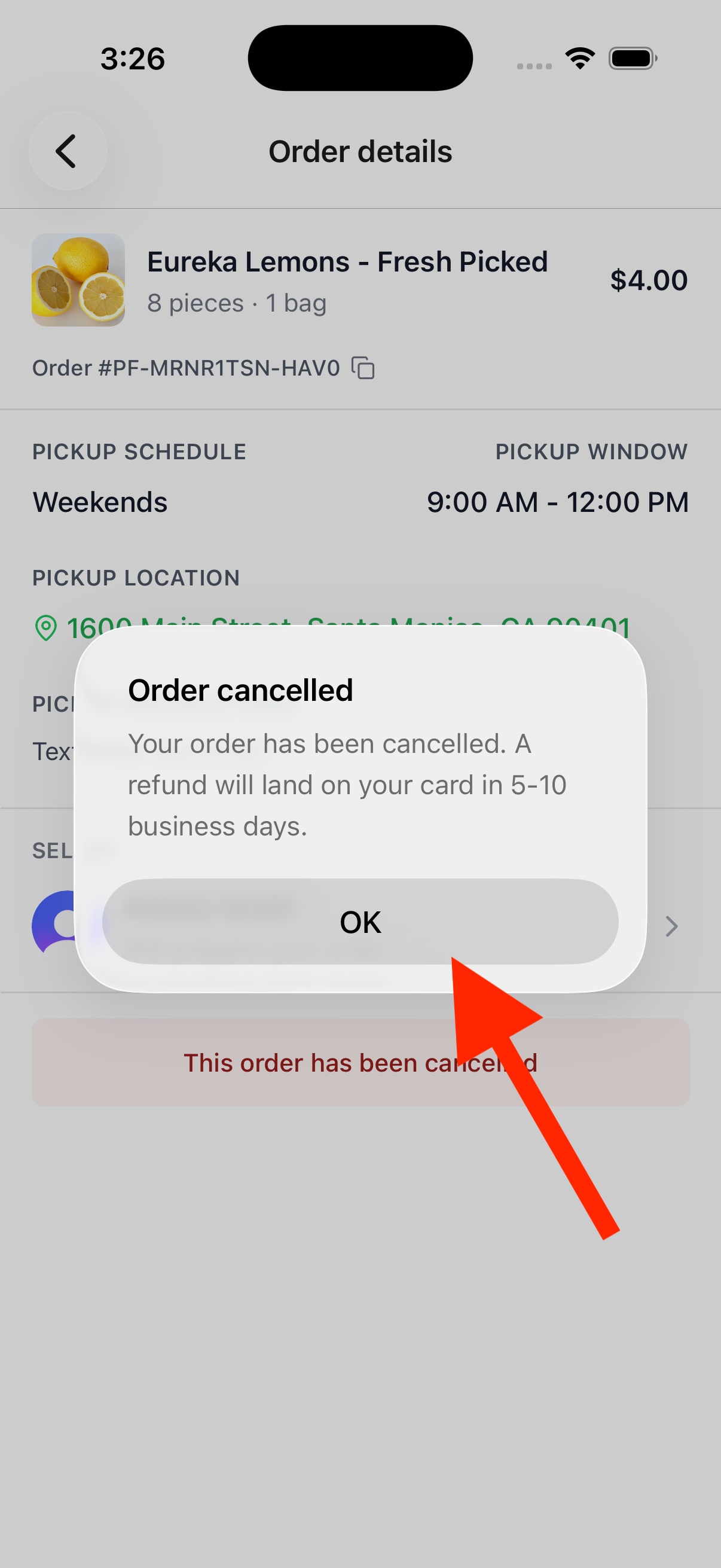 Order cancelled confirmation with refund timing