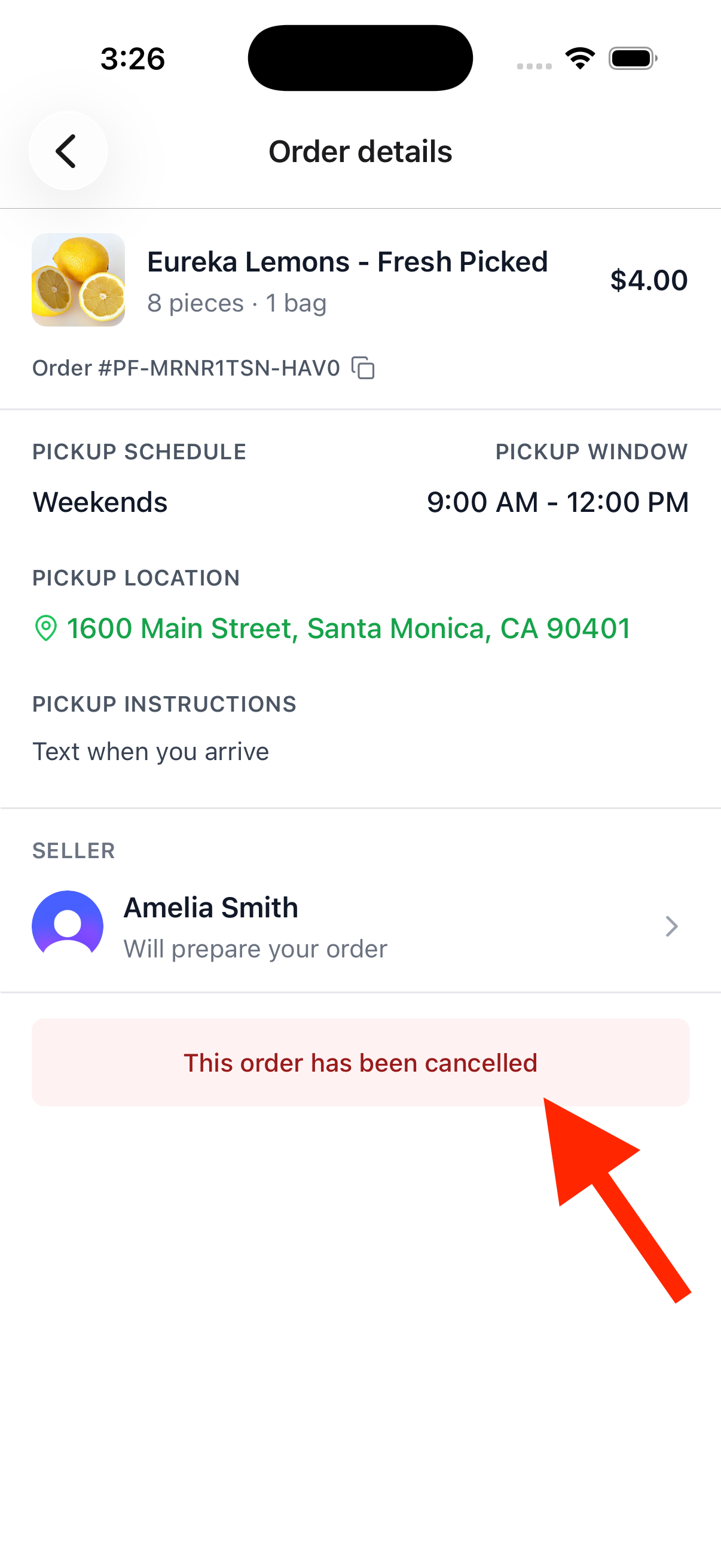 Order details screen showing This order has been cancelled