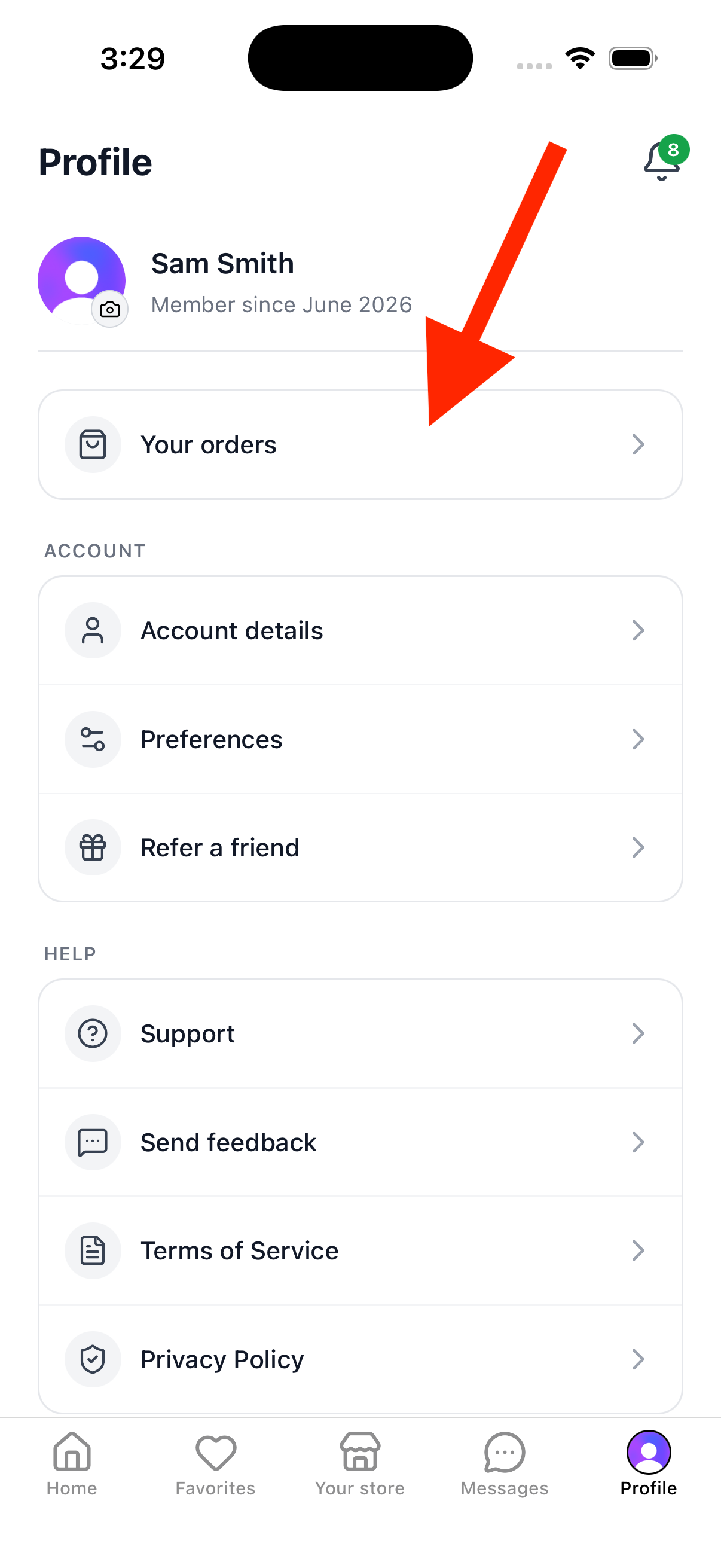 Profile tab with Your orders highlighted