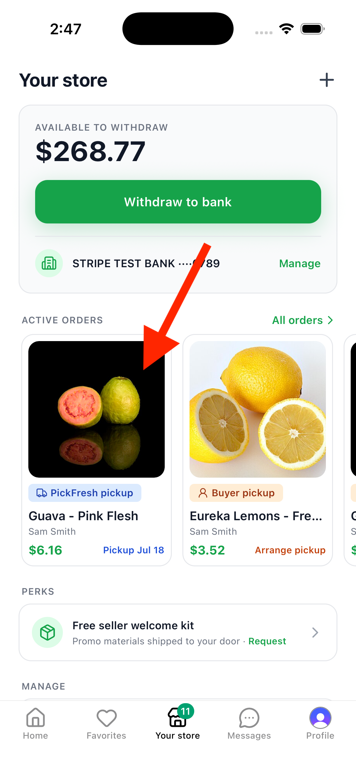 Your store tab showing active orders