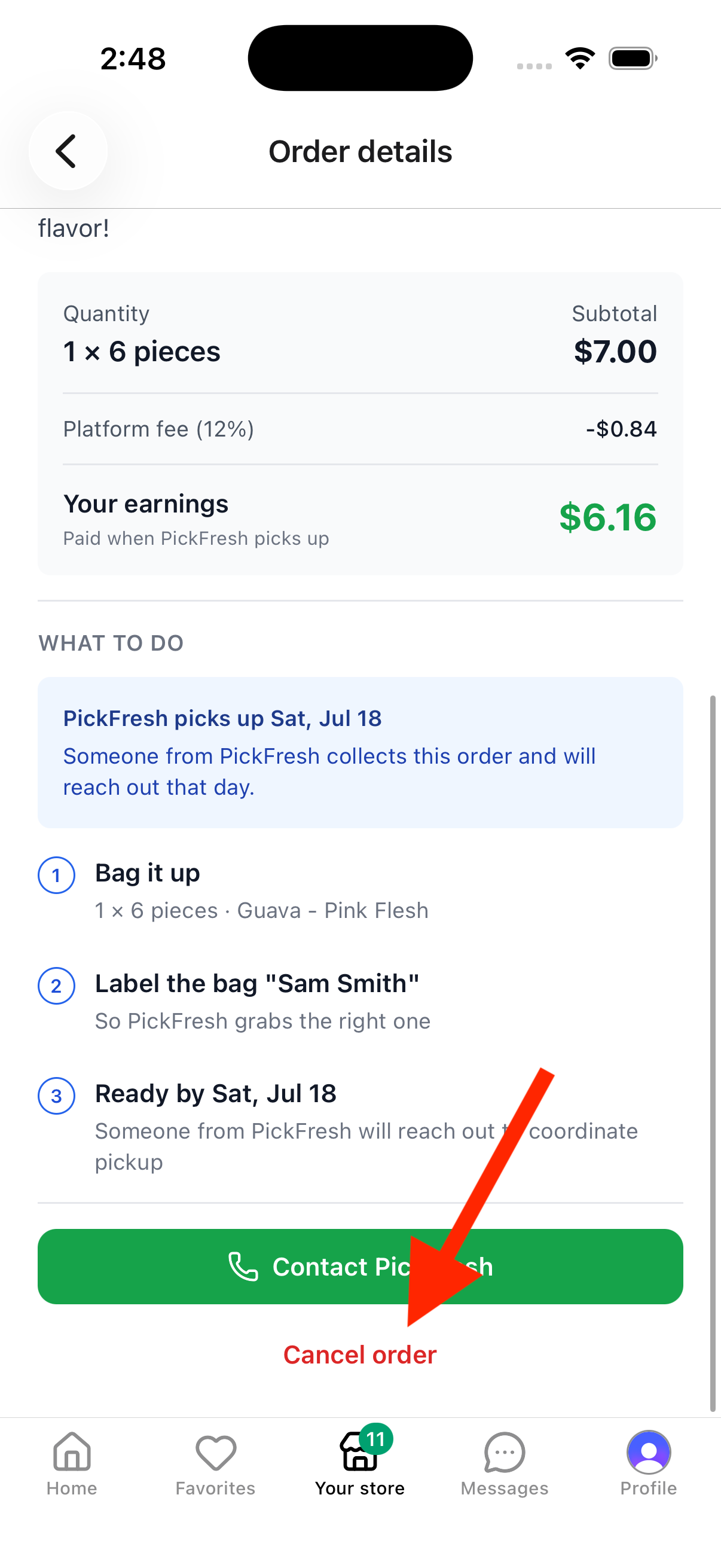 Order details screen with the Cancel order button highlighted
