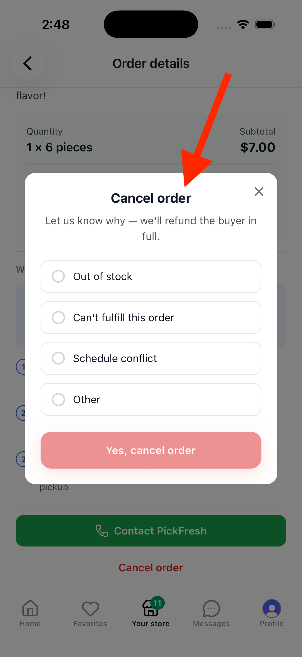Cancel order dialog with reason options and Yes, cancel order button