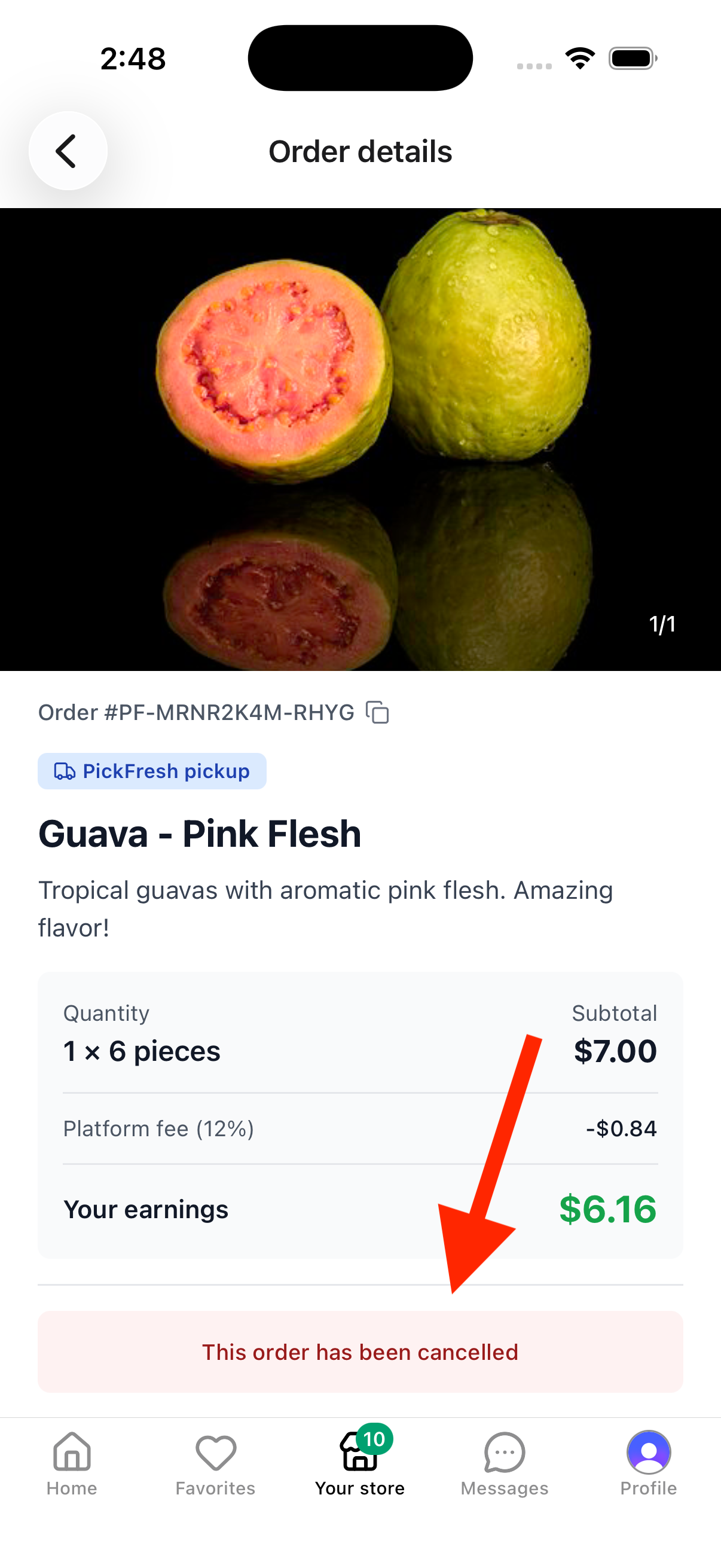 Order details screen showing This order has been cancelled