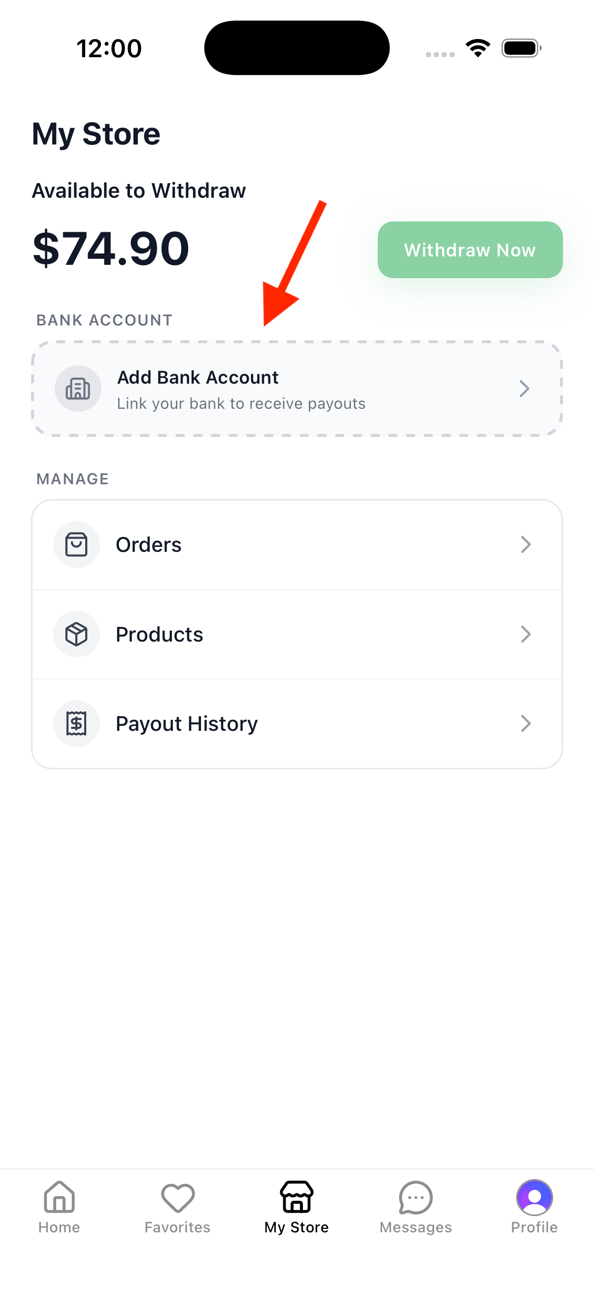 My Store tab showing Add Bank Account option