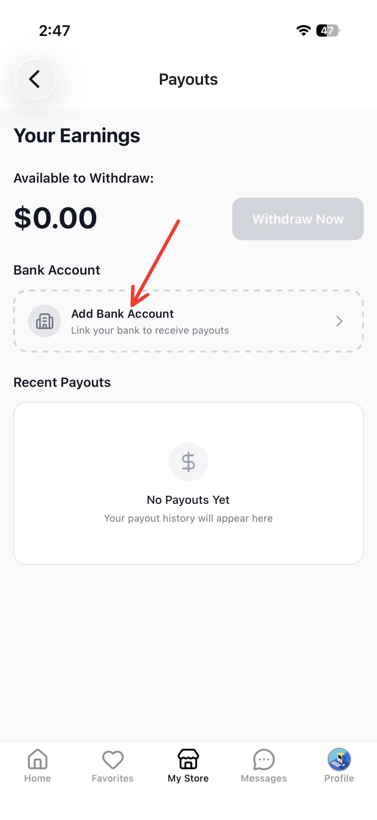 Payouts screen with Add Bank Account option