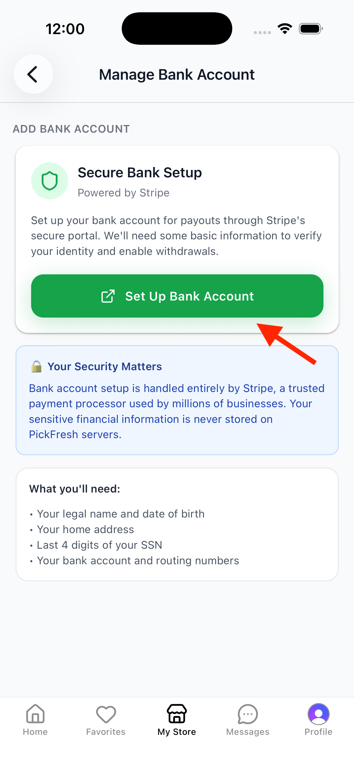 Secure Bank Setup screen with Set Up Bank Account button and what you'll need checklist