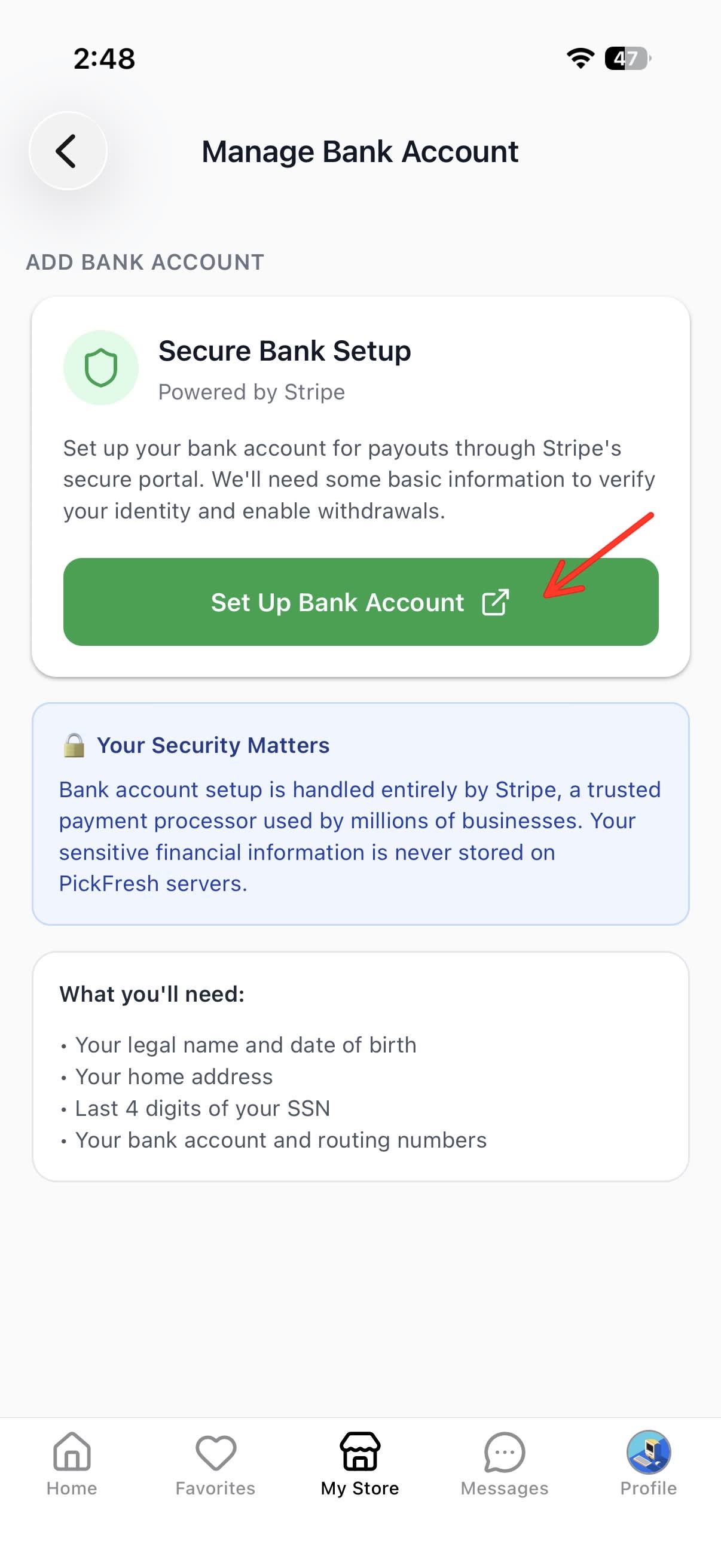 Secure Bank Setup screen with Set Up Bank Account button