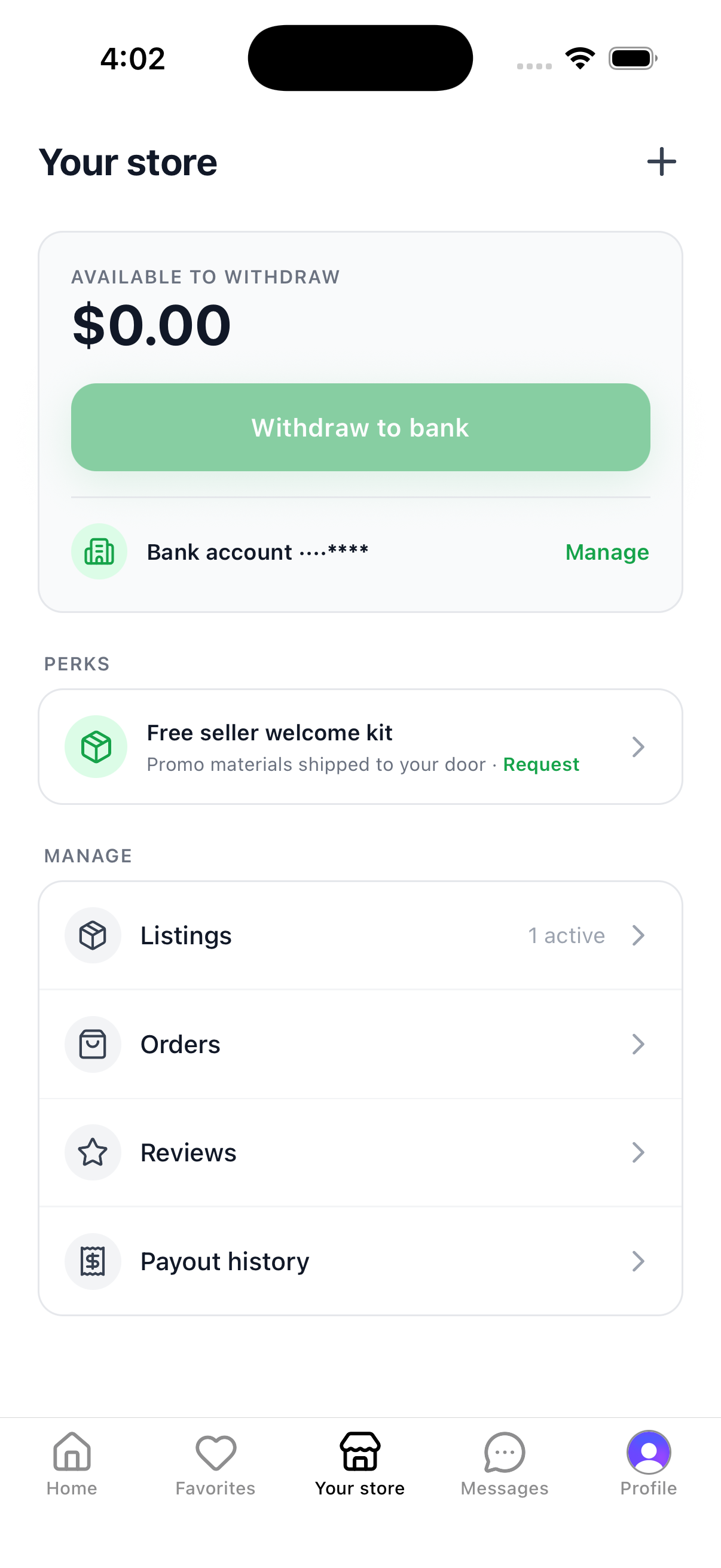 Your store showing a connected bank account and enabled Withdraw to bank button
