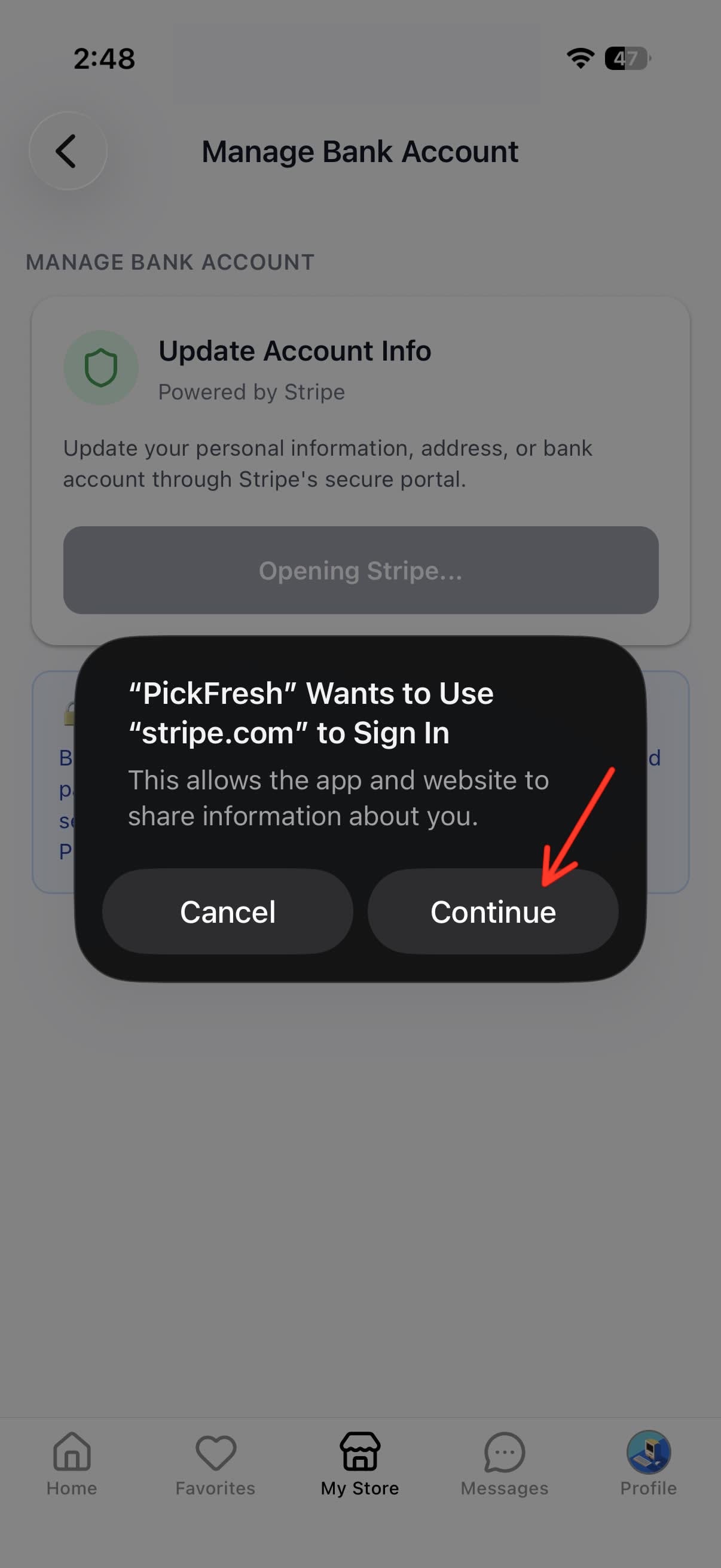 Stripe connection permission dialog