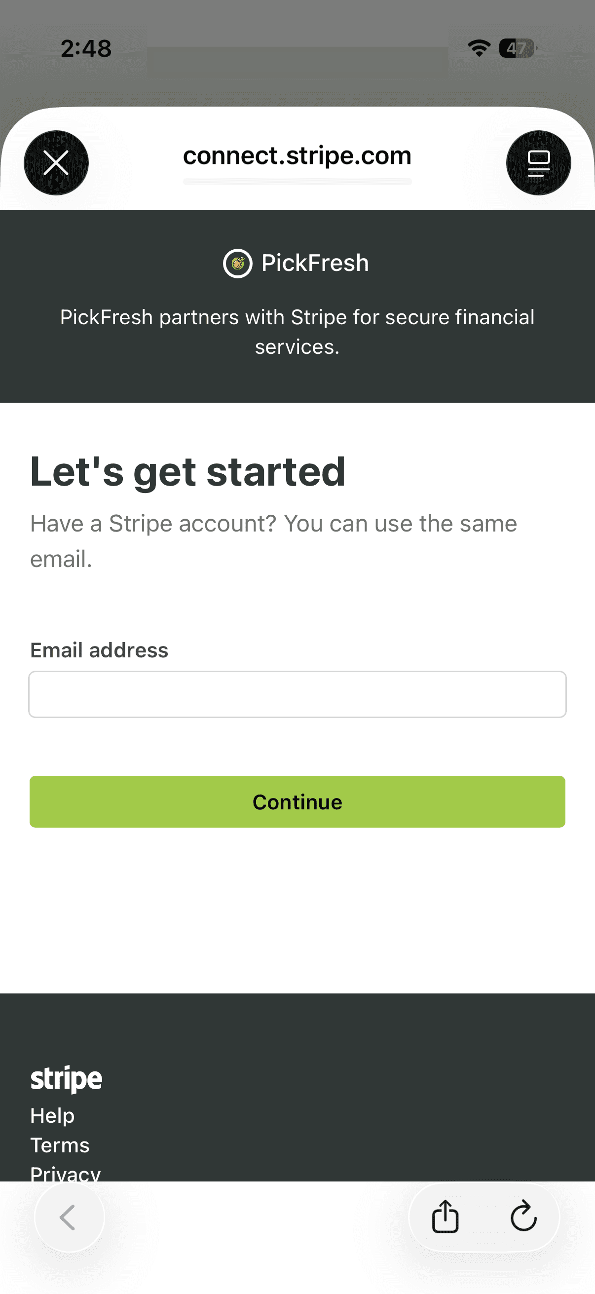 Stripe setup page