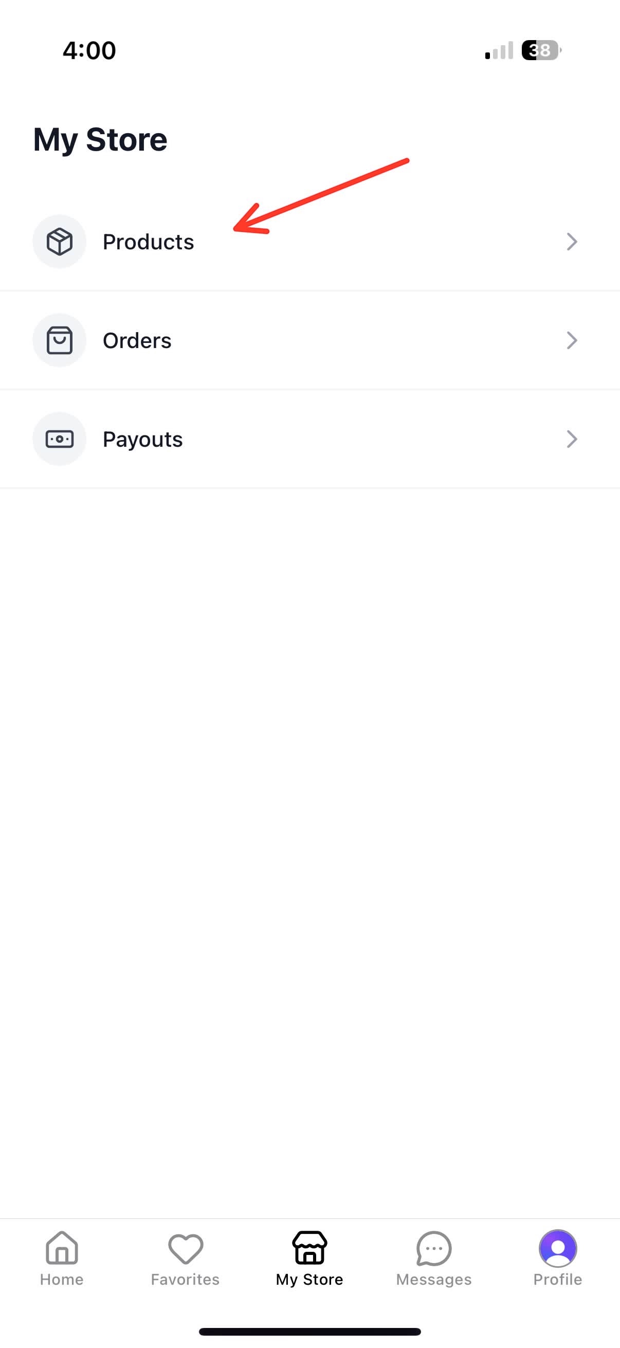 My Store tab showing Products option