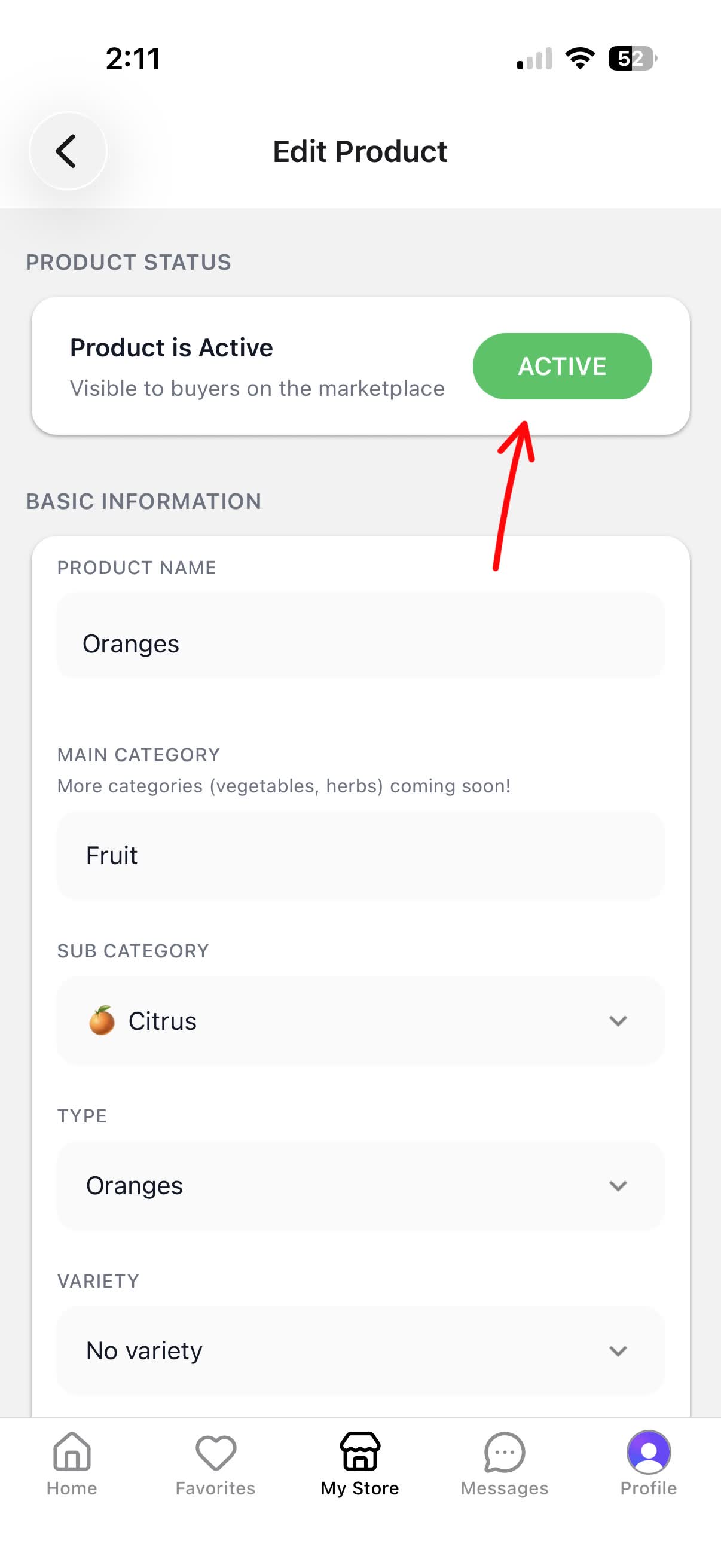 Edit Product screen with Active button