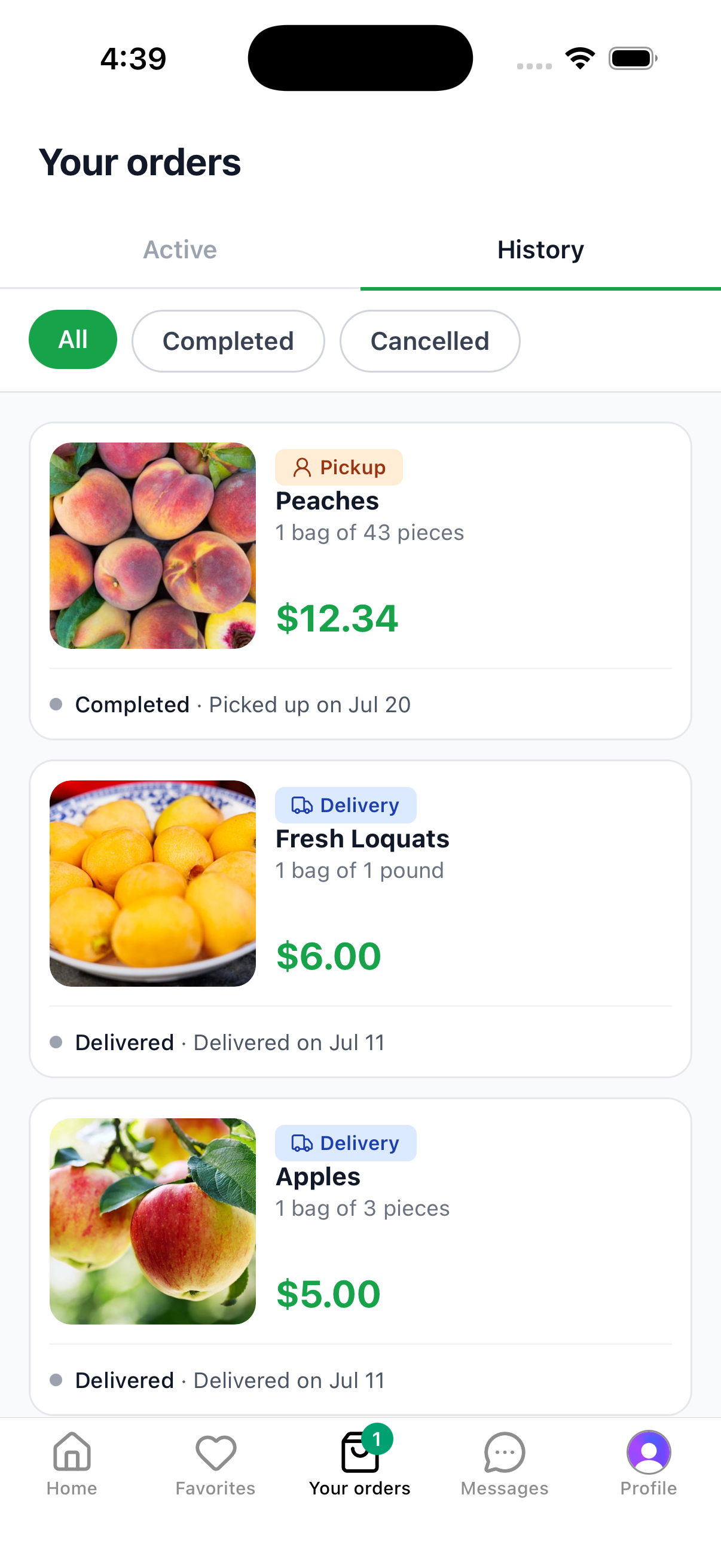 Your orders screen on the History tab showing completed and delivered orders
