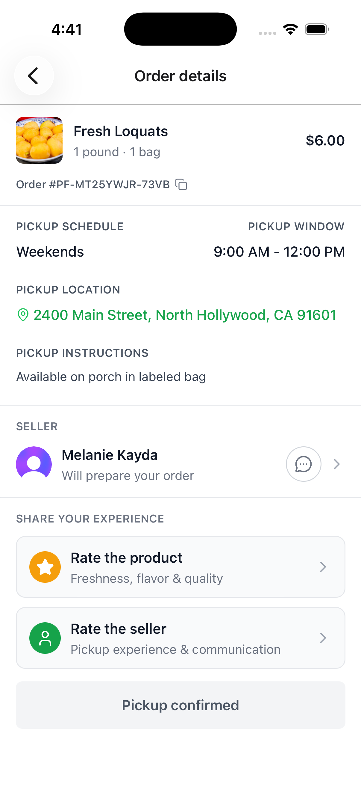 Order details screen with the Share your experience section showing Rate the product and Rate the seller