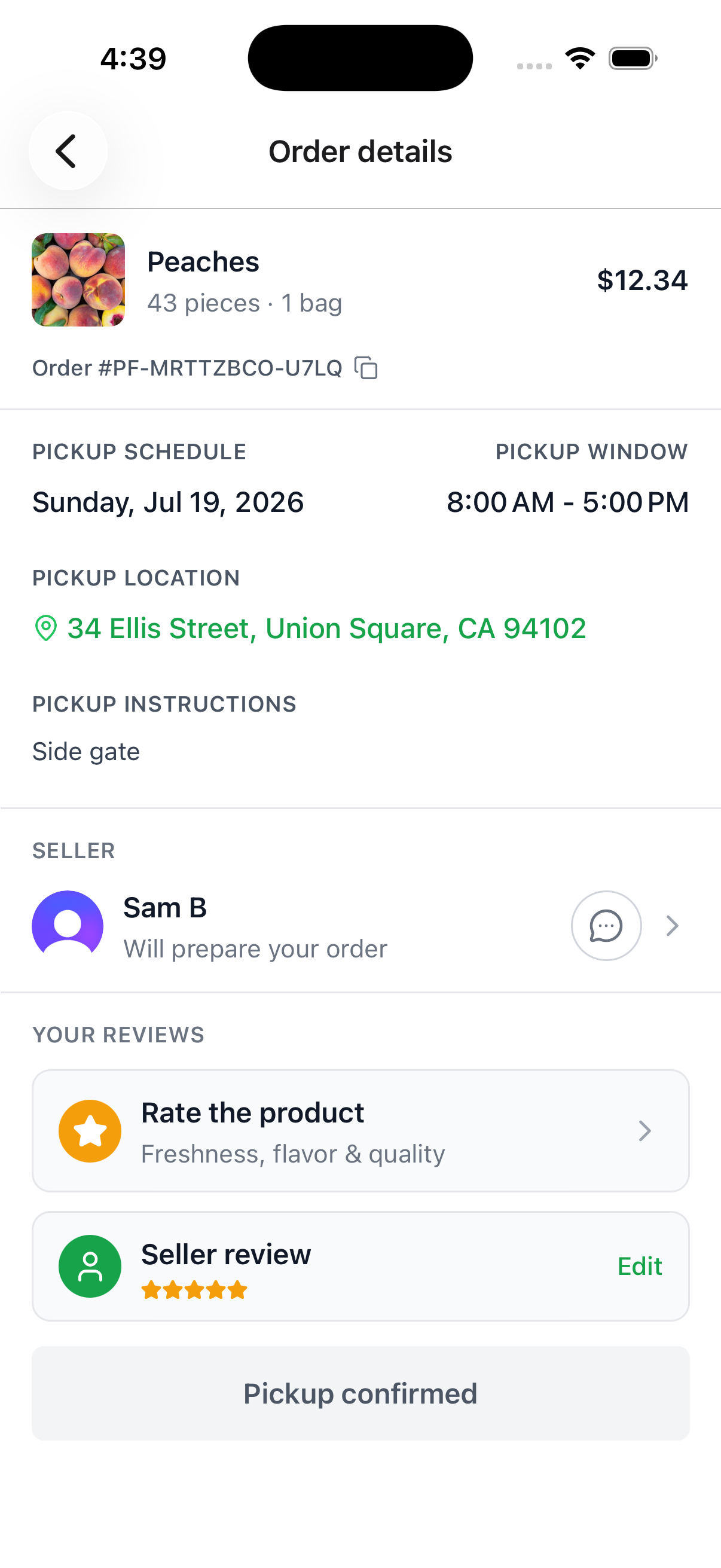 Order details showing Your reviews with a completed seller review and a pending Rate the product card