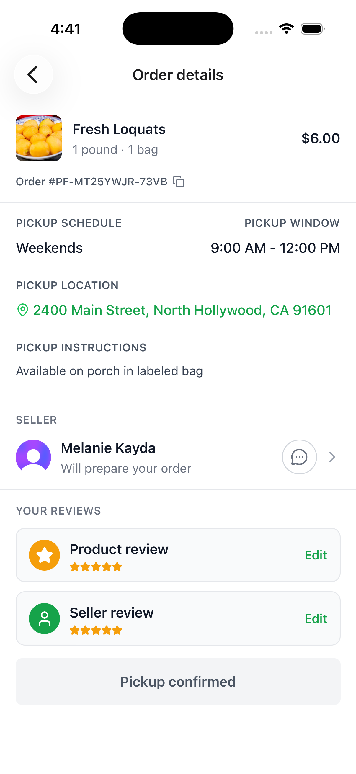 Order details showing Your reviews with a completed product review and seller review