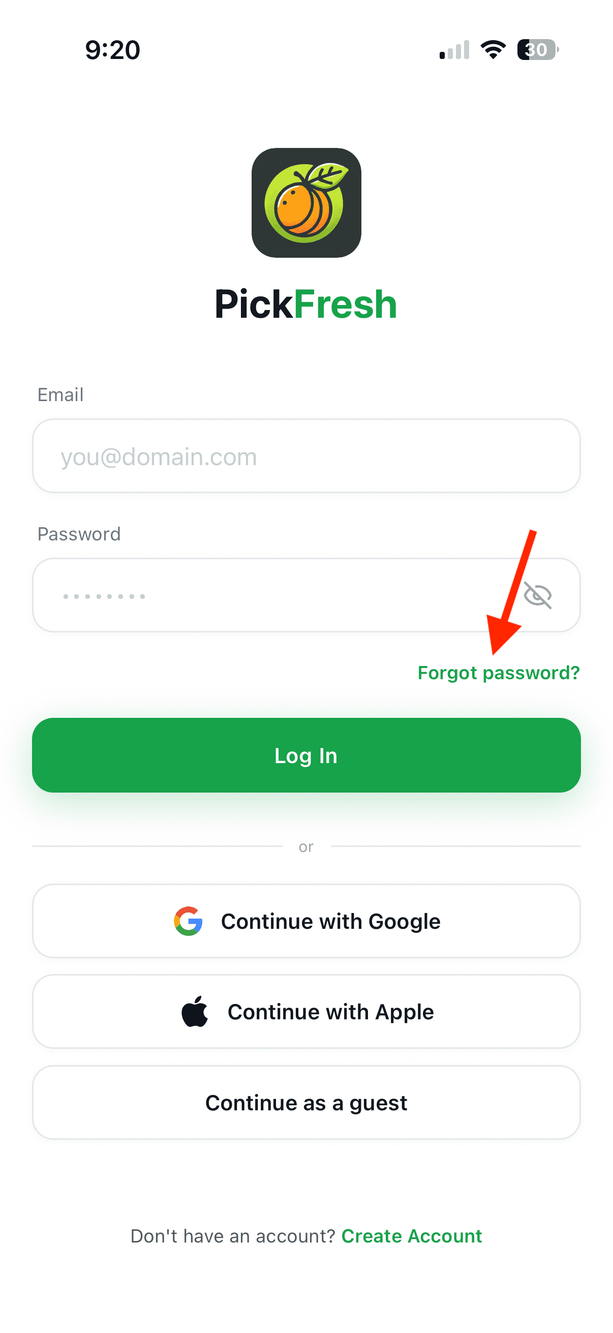 Log In screen with the Forgot password? link highlighted