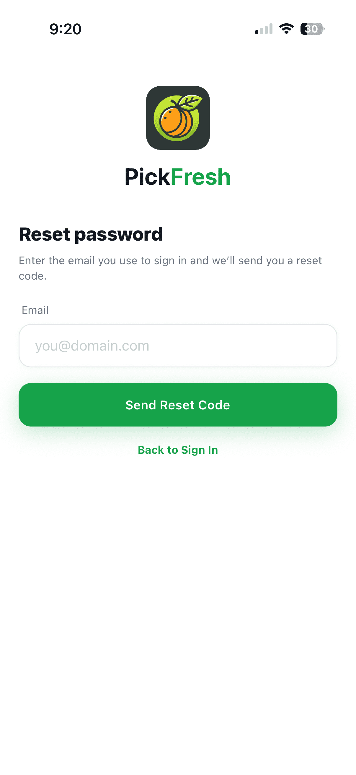 Reset password screen with email field and Send Reset Code button