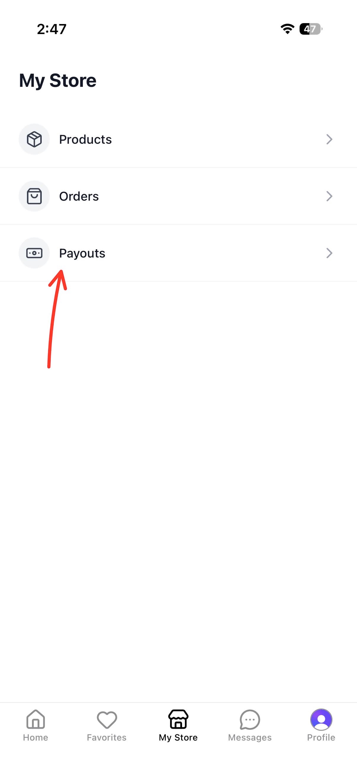 My Store tab showing Payouts option