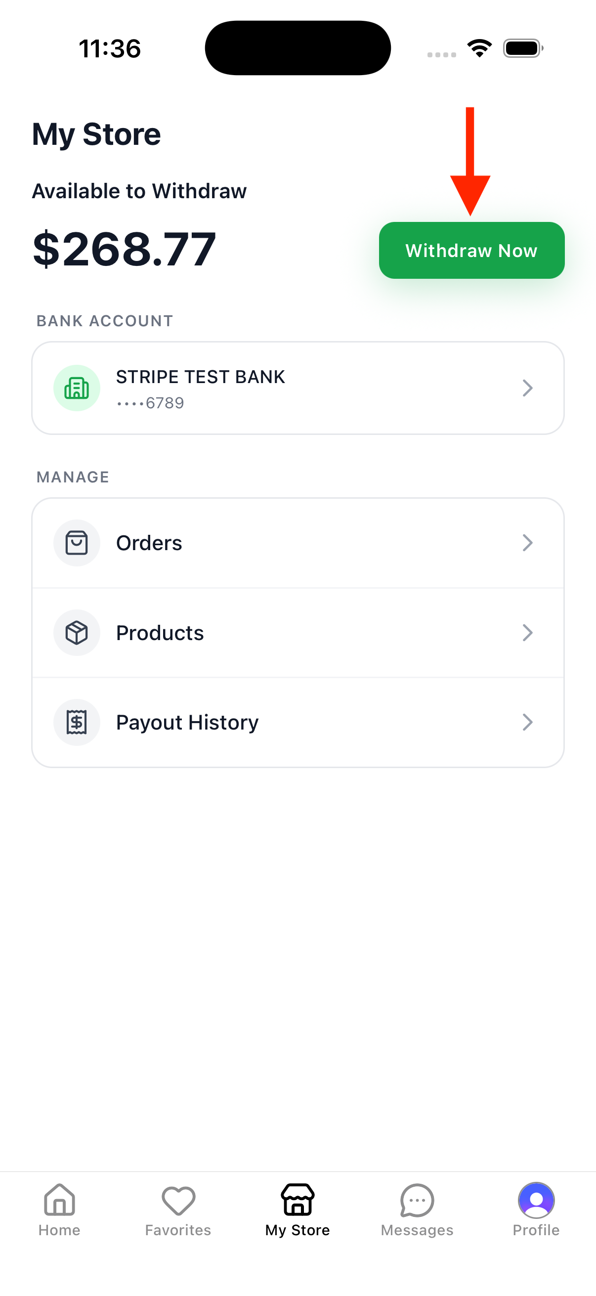 My Store tab with Available to Withdraw balance and Withdraw Now button