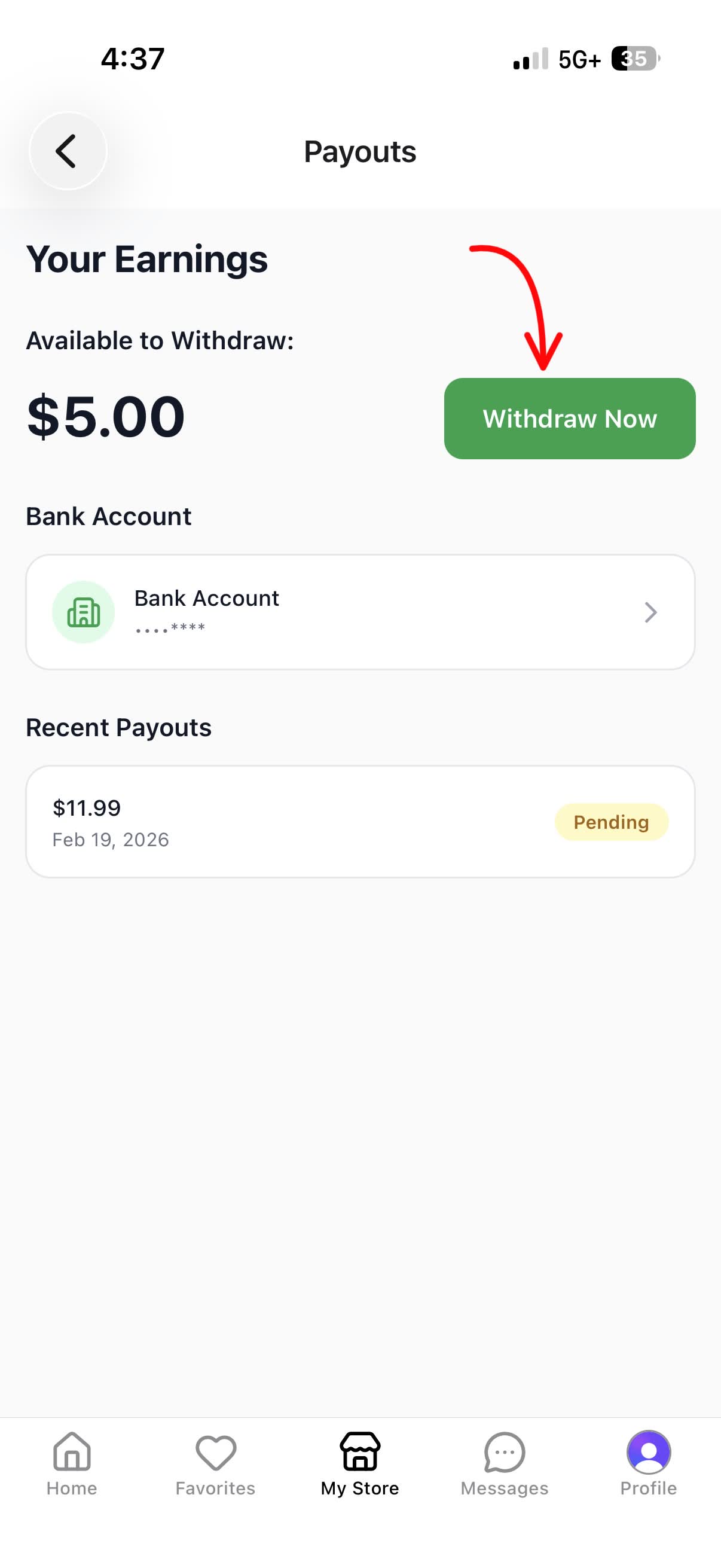 Payouts screen showing available balance and Withdraw Now button