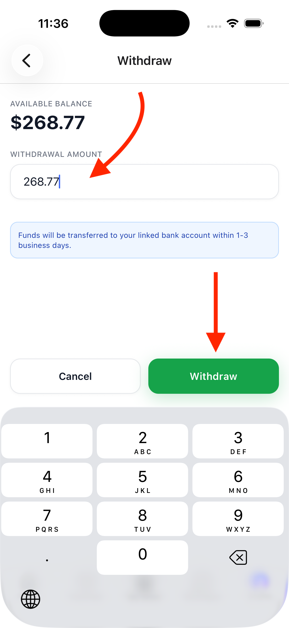 Withdraw screen with amount input
