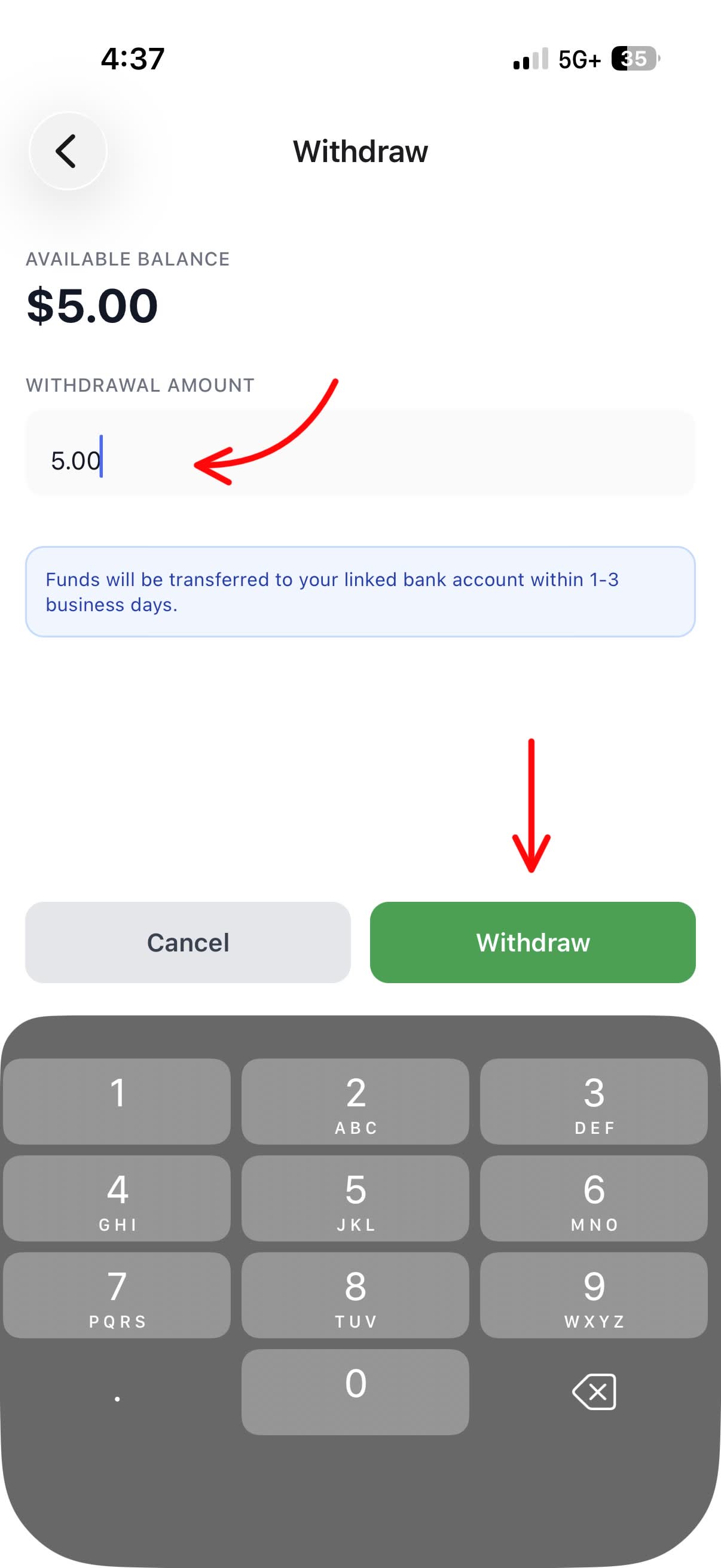 Withdraw screen with amount input