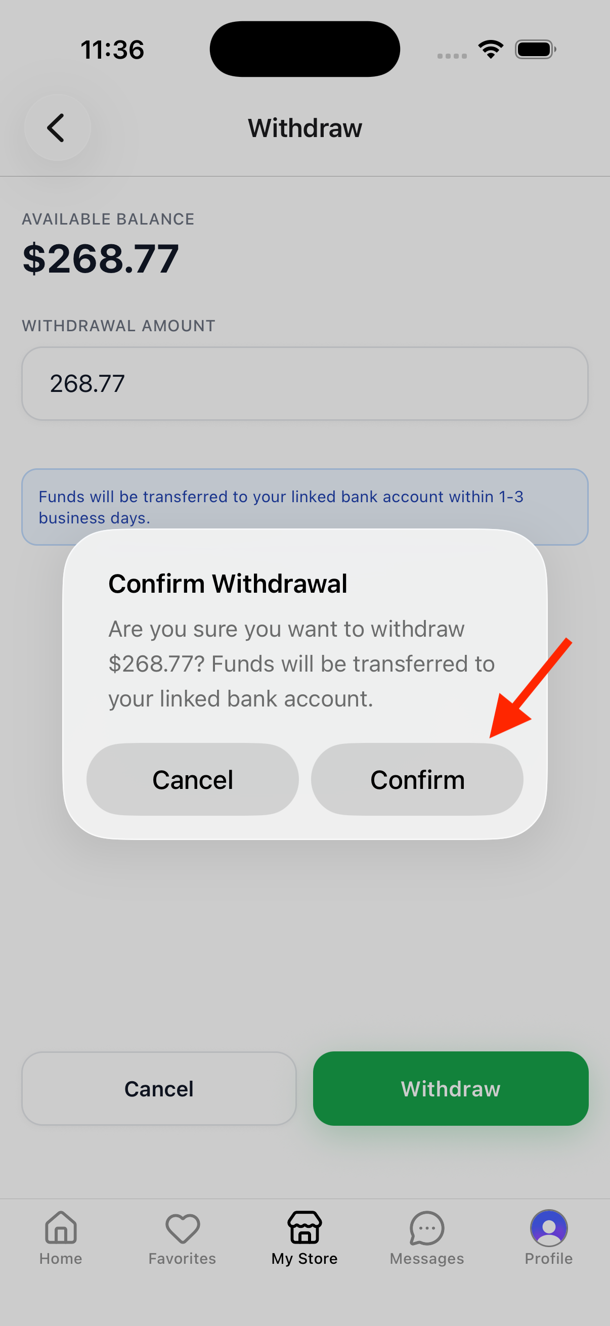 Confirm withdrawal dialog