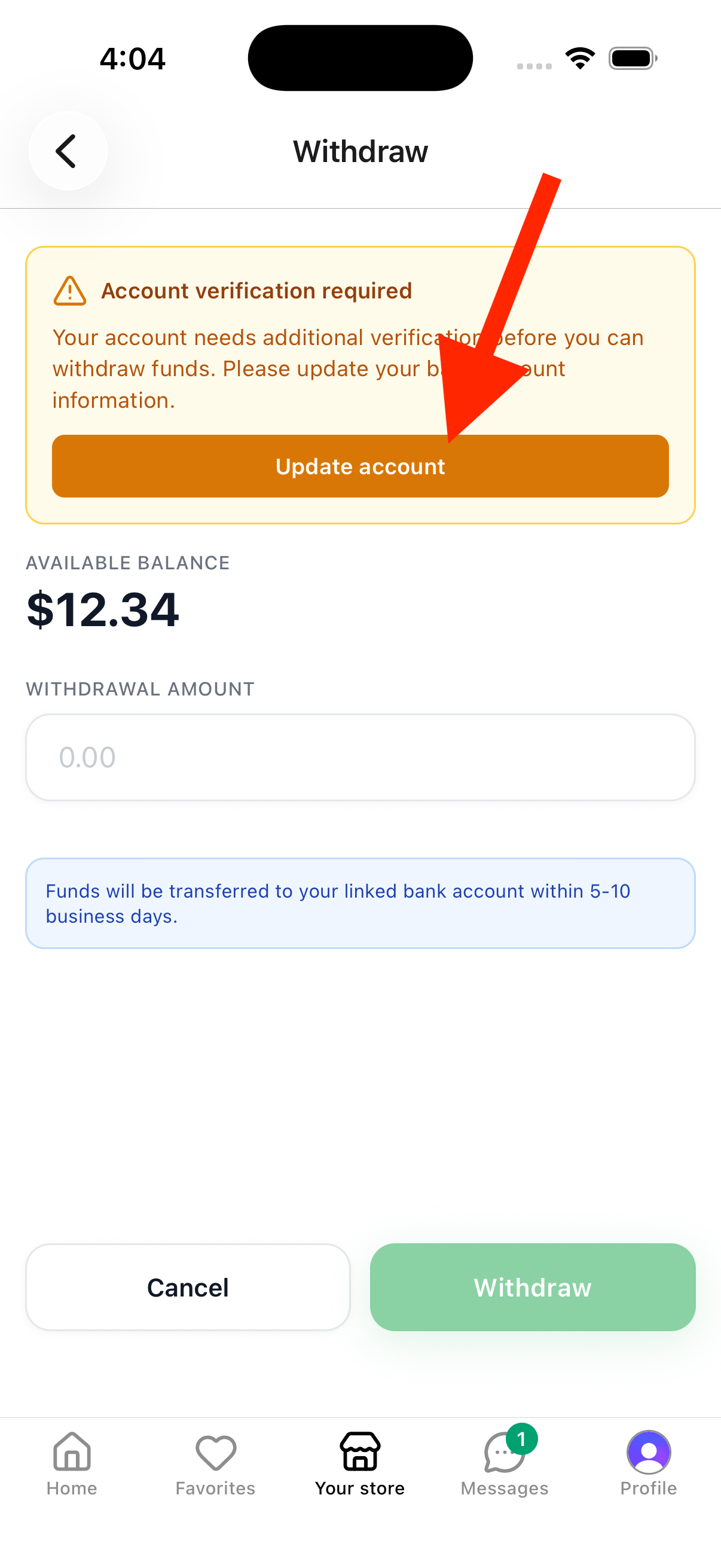 Withdraw screen showing Account verification required with Update account button