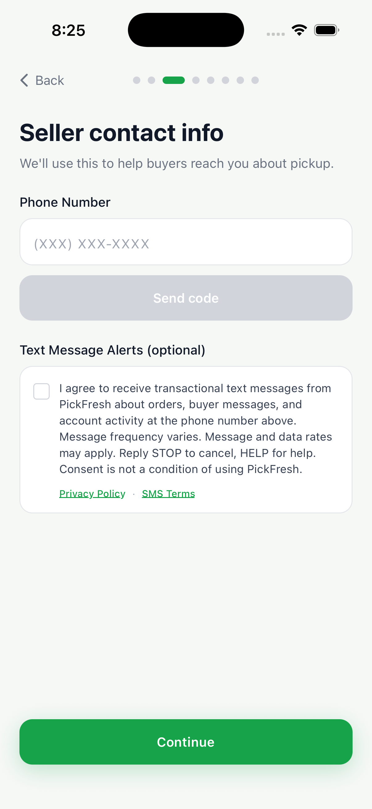 Empty Seller Contact Info screen with the SMS consent checkbox unchecked. Continue is disabled until the phone number is verified via SMS OTP.