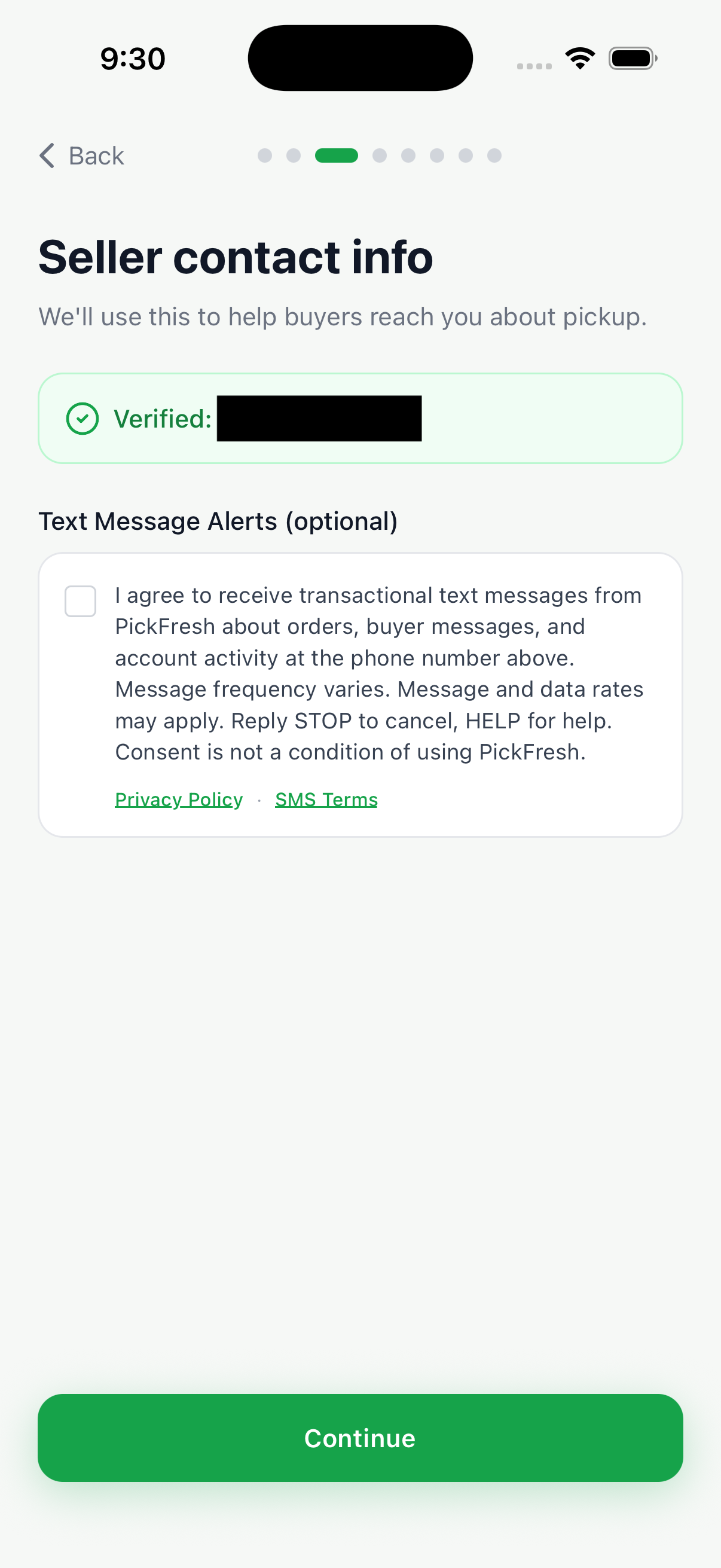 Phone verified ✓ via Clerk OTP. SMS consent checkbox still unchecked, and Continue is enabled — proving SMS consent is not a condition of using PickFresh.
