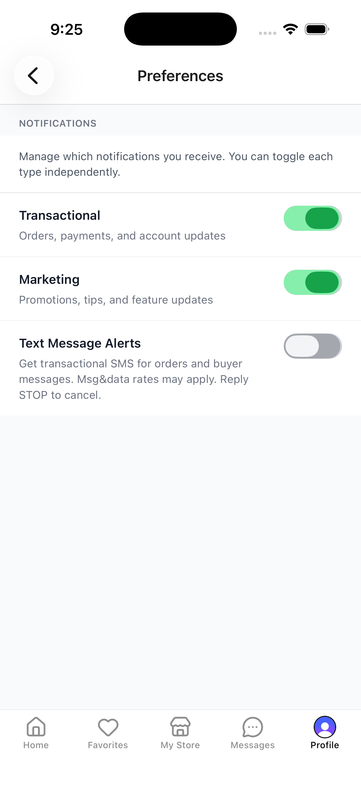 Default state: Text Message Alerts toggle is off for all users until they explicitly opt in.
